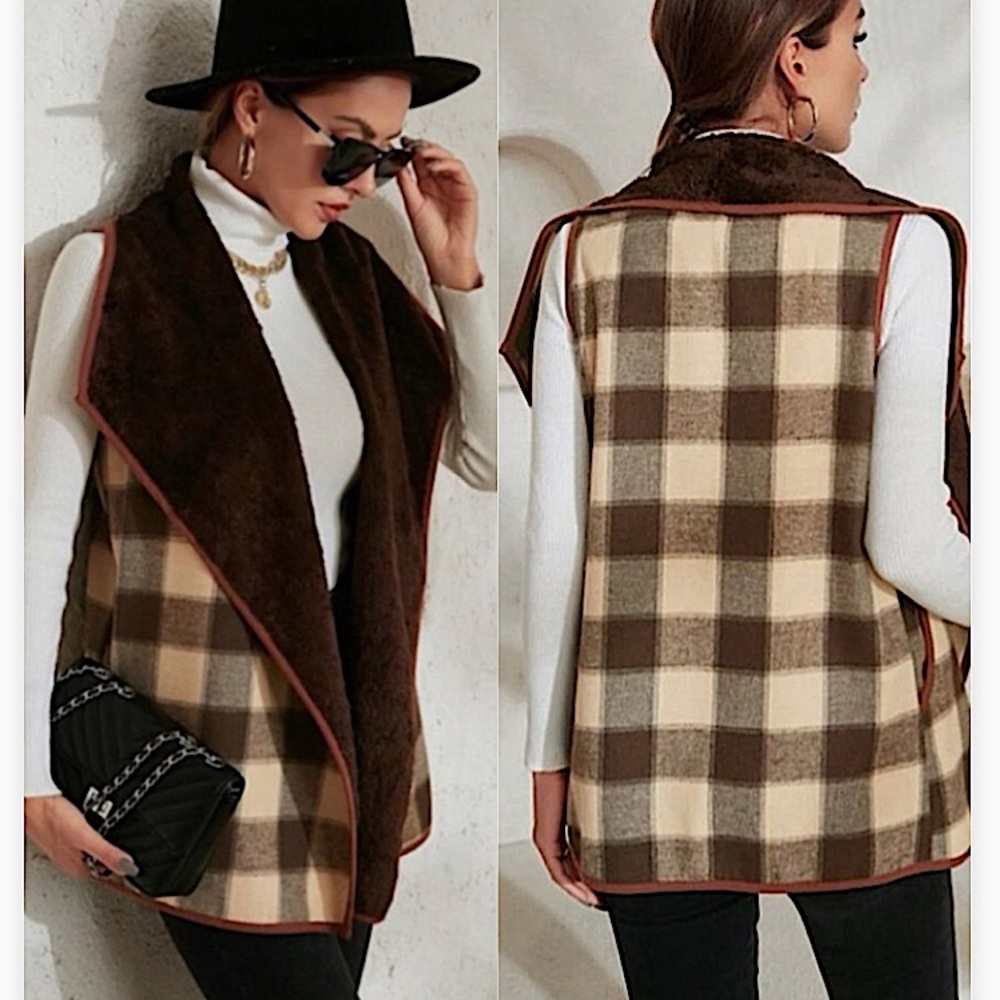 Buffalo Plaid Teddy Fleece Lined Vest Brown Cream SZ S